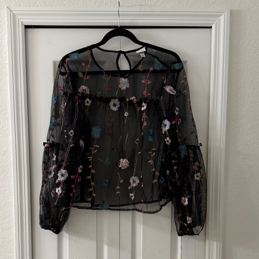 a new day Black Sheer Top with Floral Embroidery